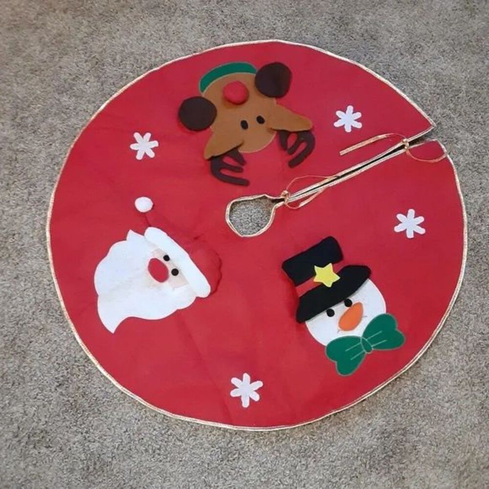 Santa Rudolph and Frosty The Snowman Red Felt Christmas Tree Skirt